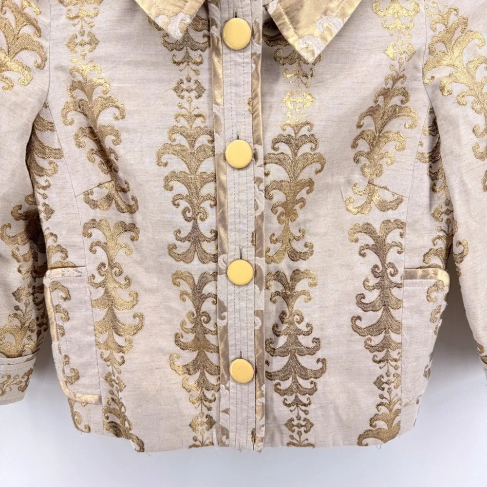 Tory Burch Crop Jacket Women 4 Pre-Owned Gold Damask Metallic Linen Blend Blazer
